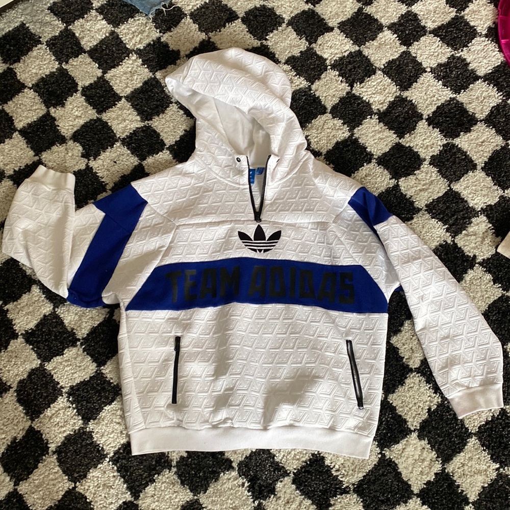 Addidas Sweatshirt| Sectional white and blue| Size L| Hooded with pockets